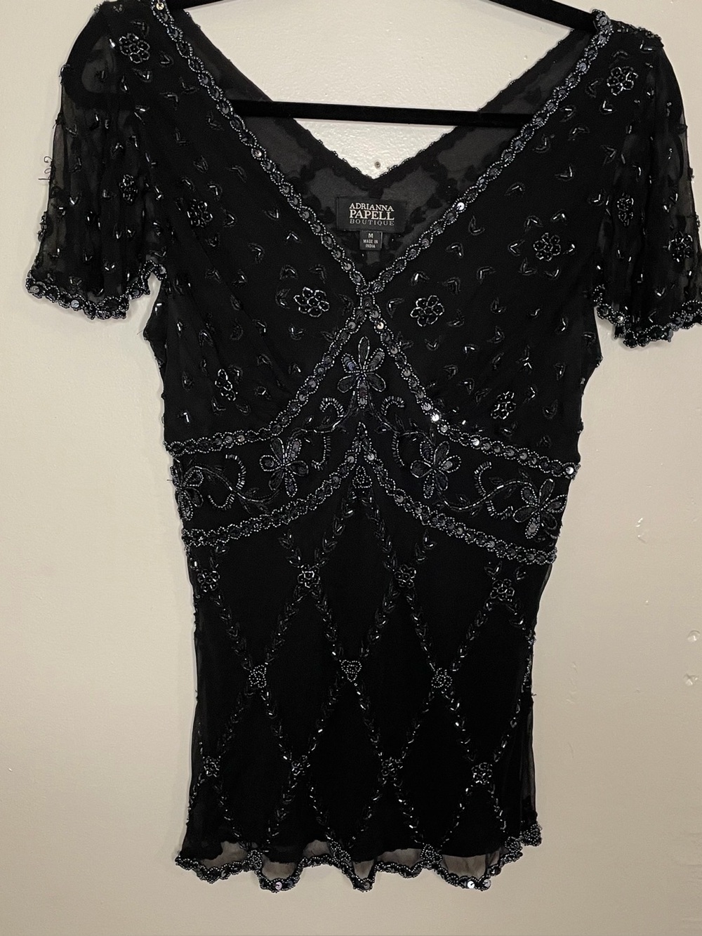 Adrianna Papell Vintage Black Beaded V-Neck Top